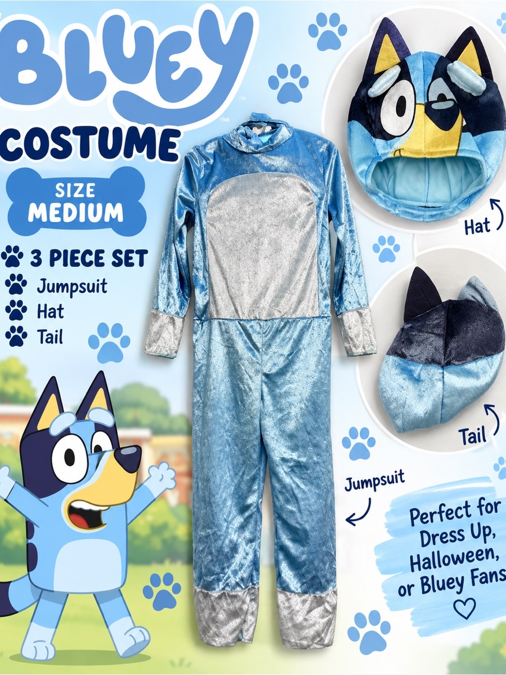 Bluey-Inspired Kids Blue Plush Jumpsuit Costume with Hat & Tail